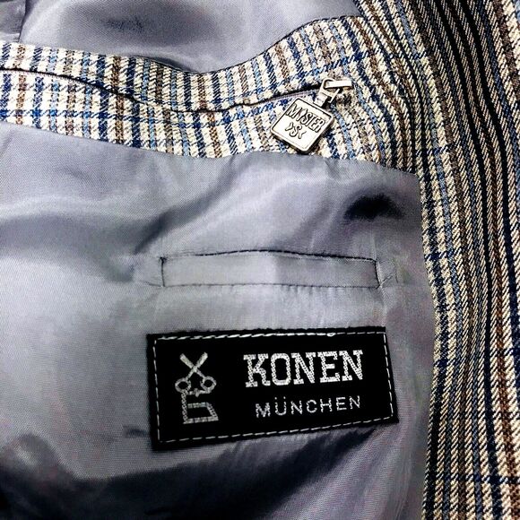Konen Munchen Linen Sport Coat Plaid Blue Gray 40 42 Mens Preppy Academia Y2K - Picture 3 of 13